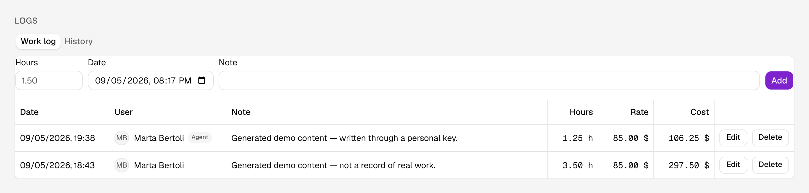 A work log table in Quasar with two rows by the same user, one of them marked with an Agent badge.